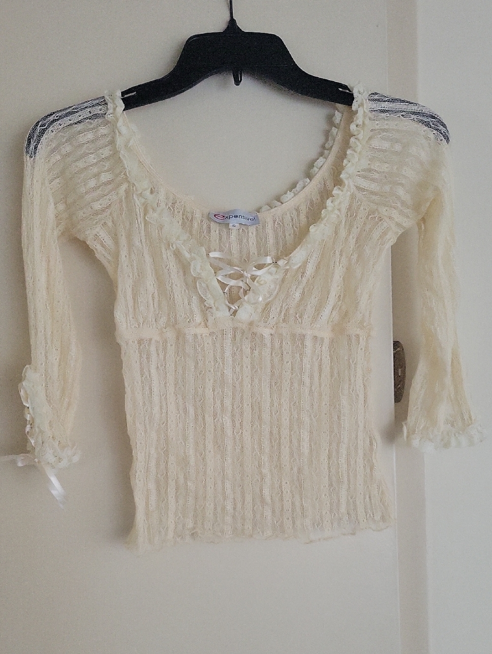 Expensive Openwork Lace-Up Cream Women's Top by